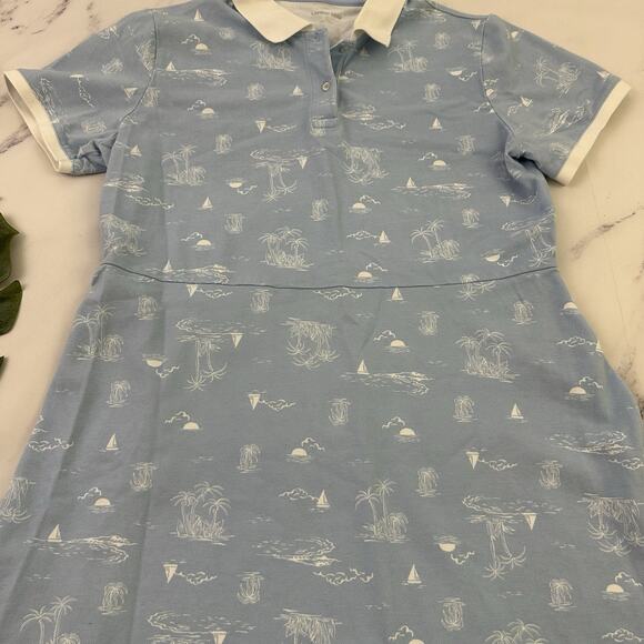 Lands End Womens Polo Shirt Dress Size L Pastel Blue White Tropical Palms Beach - Picture 3 of 10